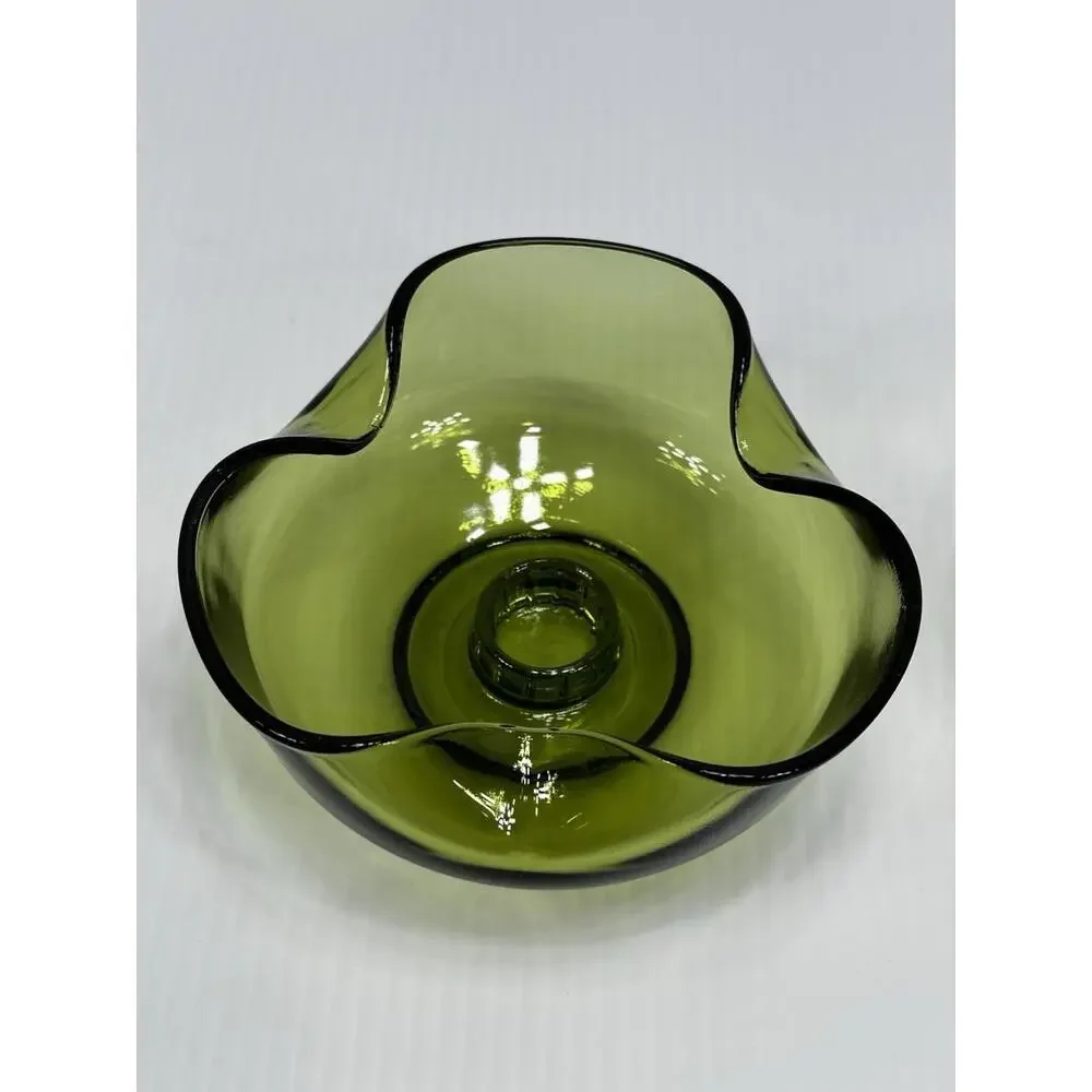 Vintage Anchor Hocking 2 Avocado Green Glass Candle Stick Holders Pair MCM 1970s